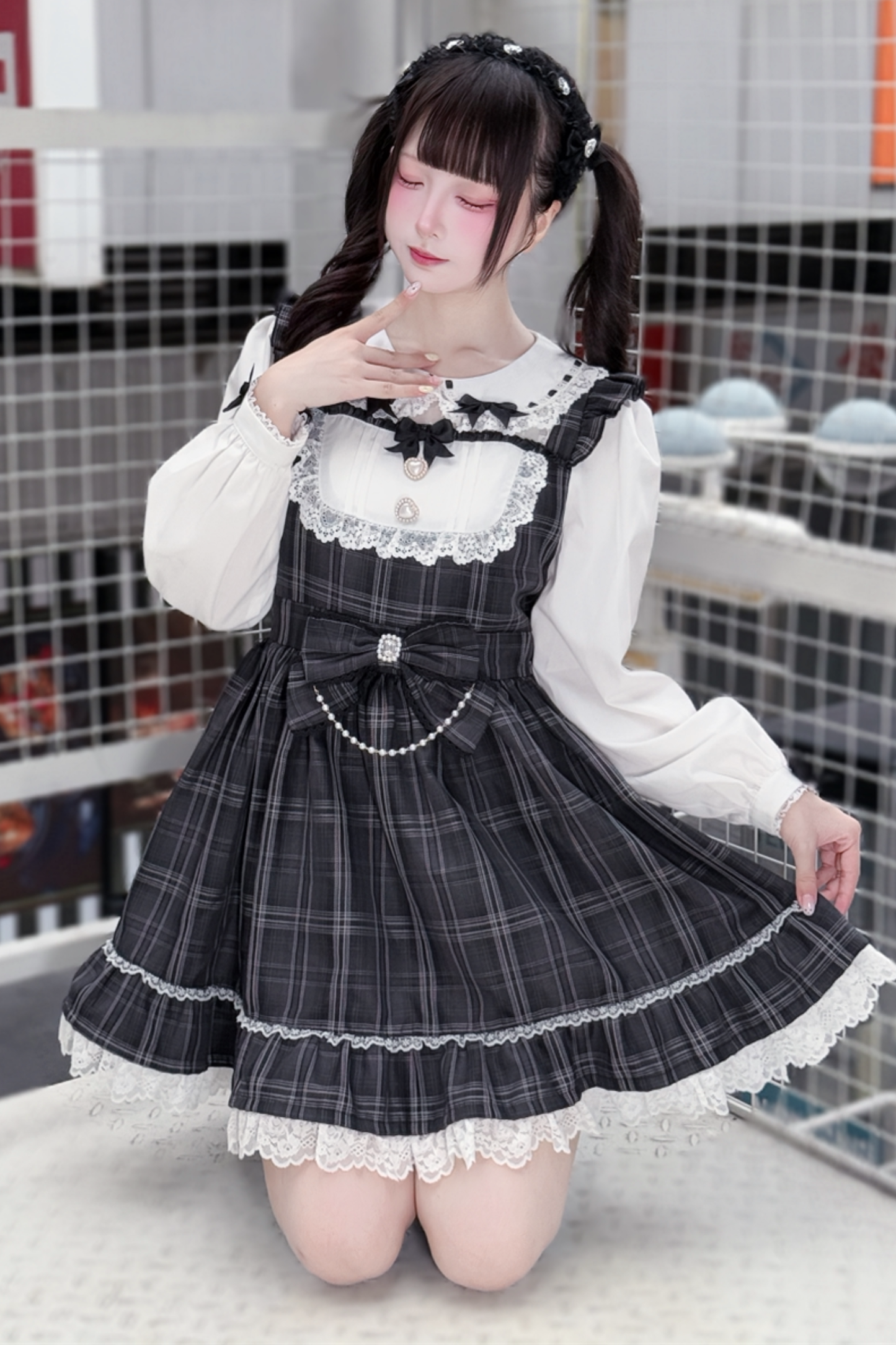 다크 스위트 걸리 체크 원피스 + 머리띠