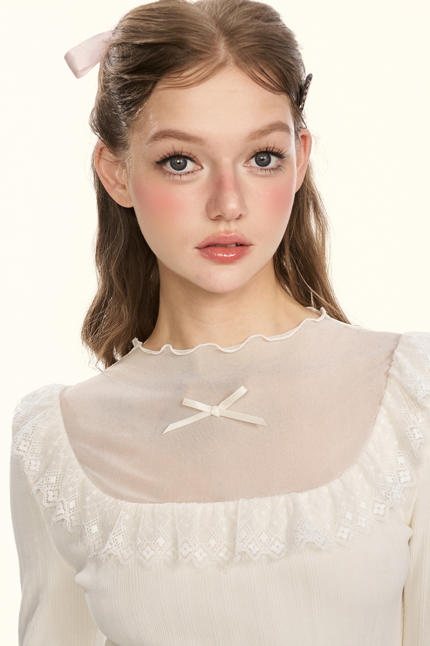 シアーリボンドールカラータイトトップス