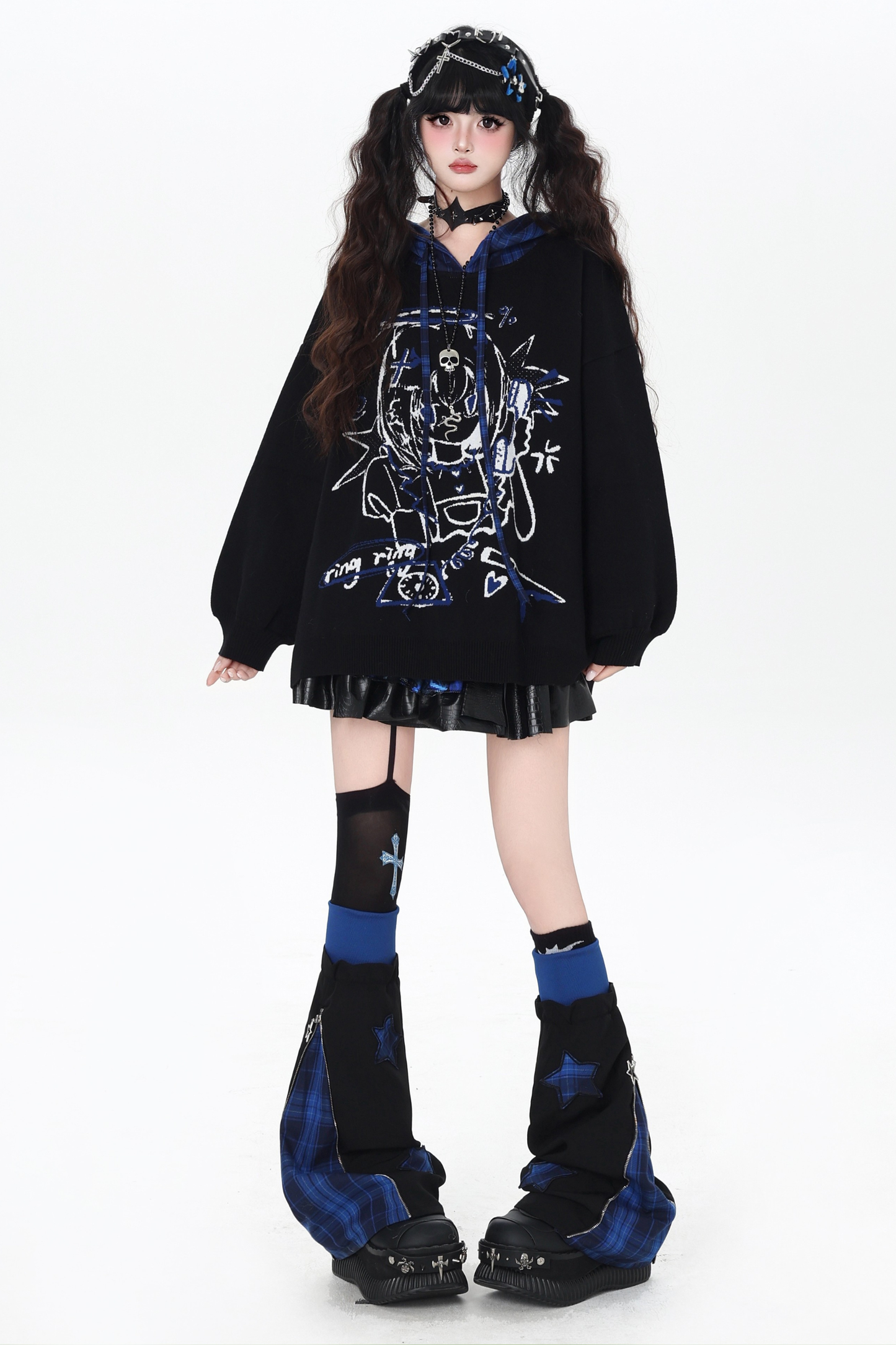 パンクガールチェックフードルーズセーター