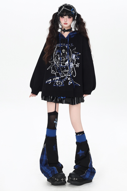 パンクガールチェックフードルーズセーター