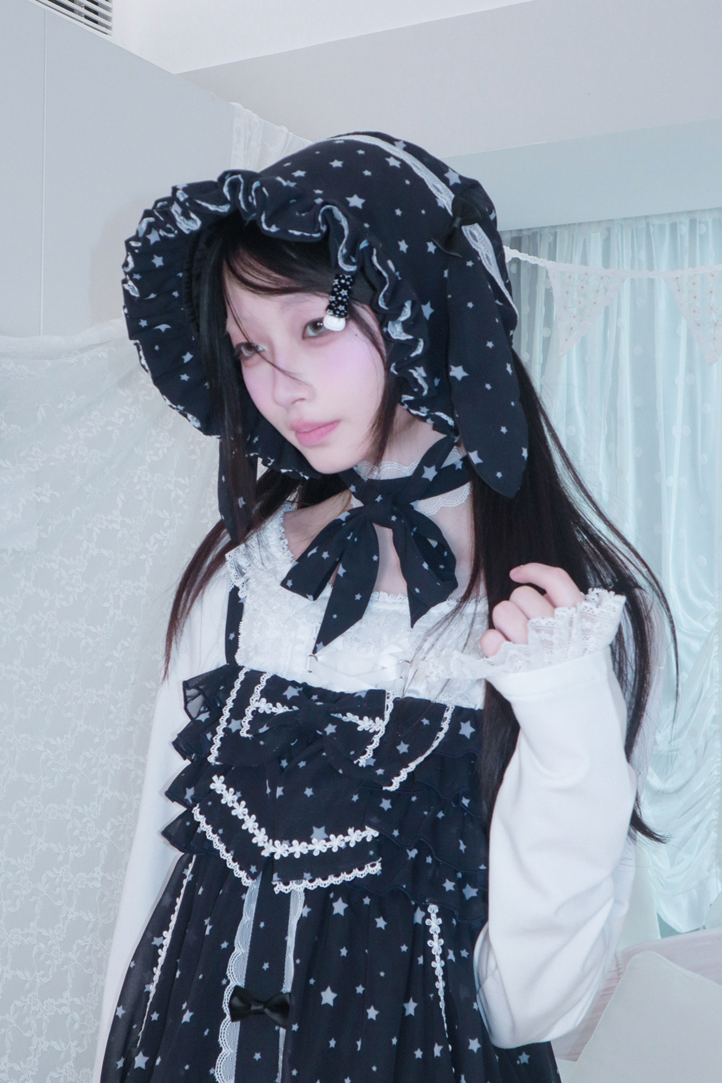 ドットシフォンサンドレス+ラビットハット