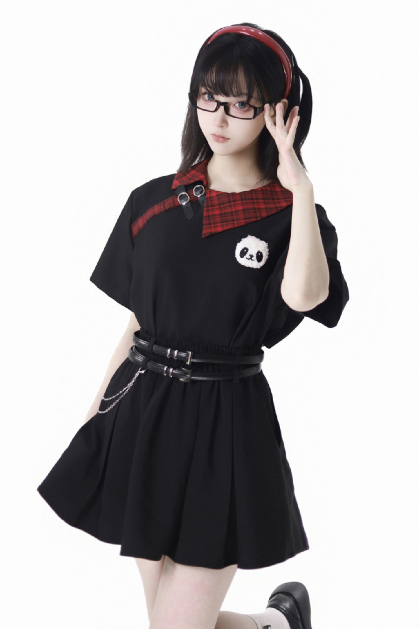 Love Comi Panda Checkered Dress + Pleated Skirt + Cropped Top