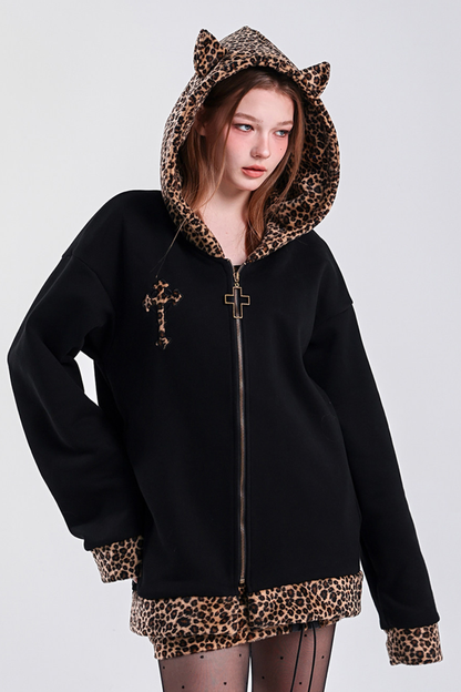レパードプリントデビルフードパーカー