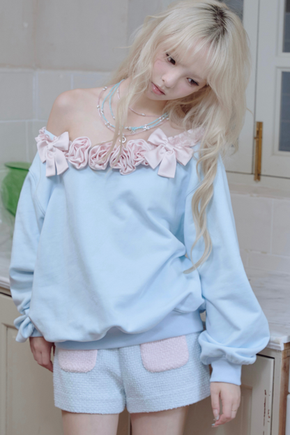 ローズサテンリボンワンショルダースウェット