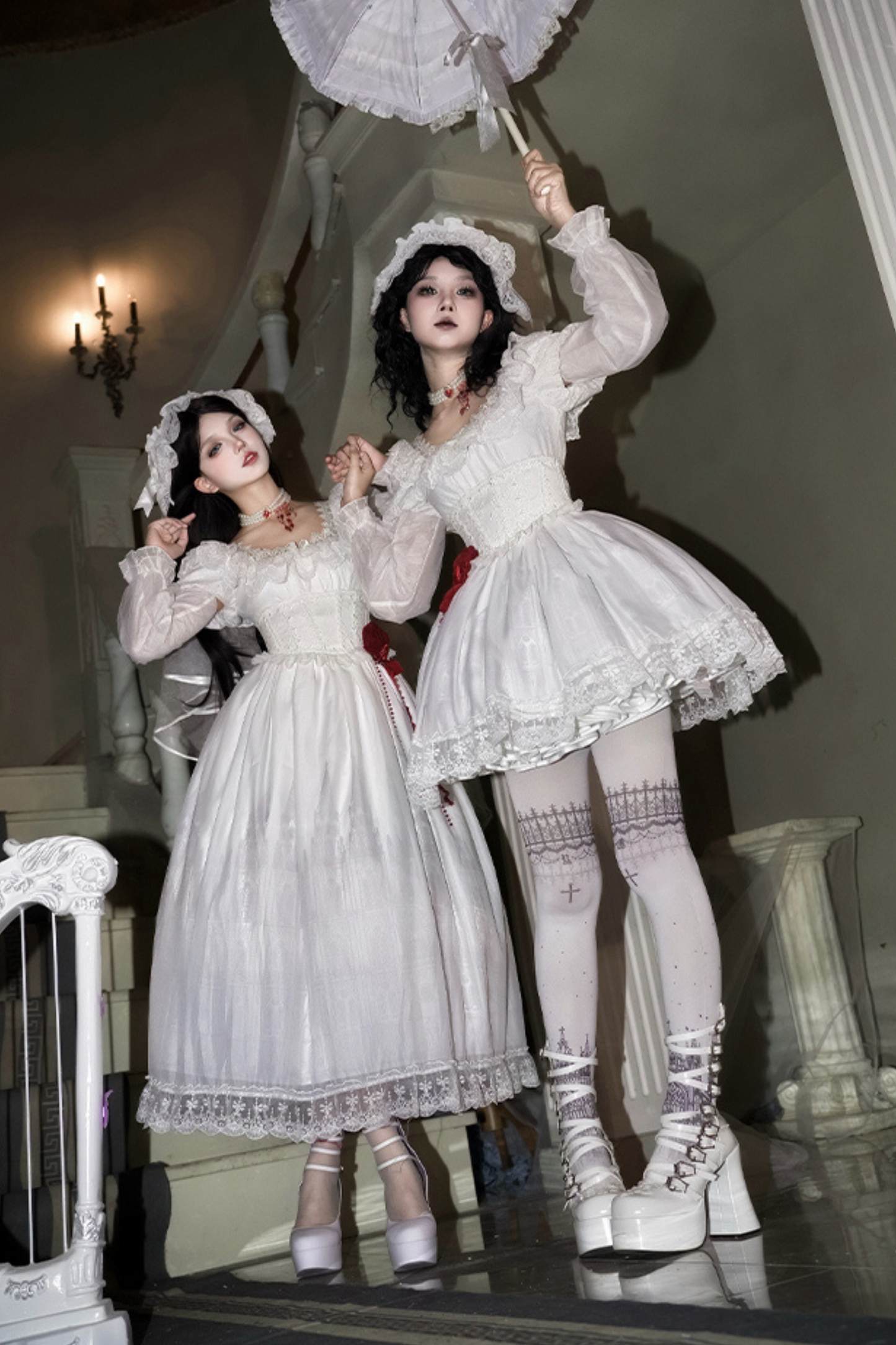 ゴシックツインズロリータドレス＋ハンドスリーブ＋ネックレス＋ヘッドバンド＋ベール＋コルセット＋取り外し可能カーテン＋コサージュ