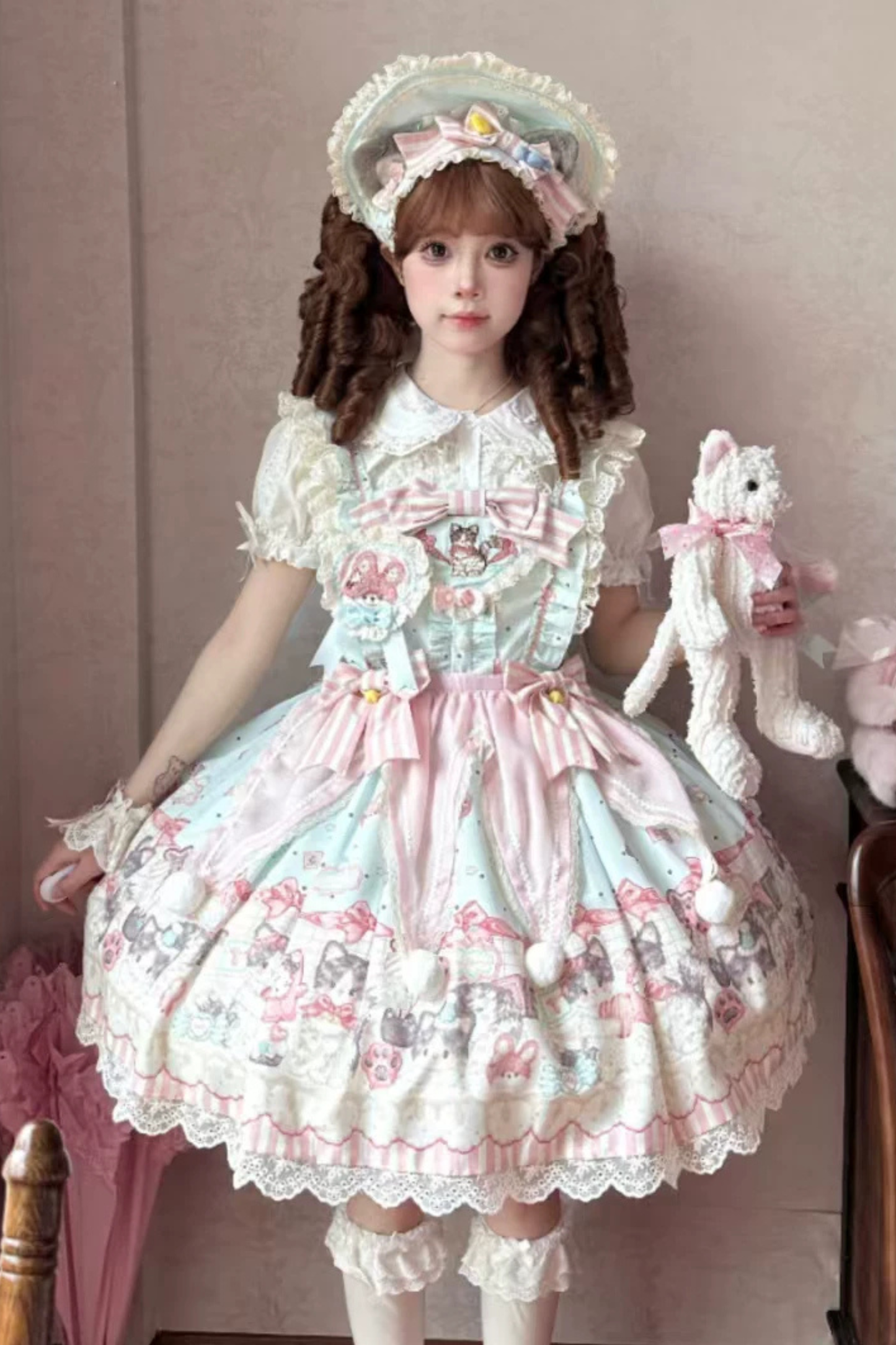 キャビネットロリータジャンパースカート+ドレス+ブローチ+ヘアバンド+ボンネット+エプロン+ハンドスリーブ