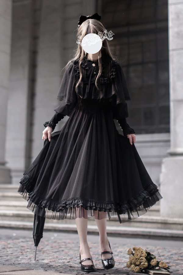 ダークエレガントブラックドットガーゼショールドレス