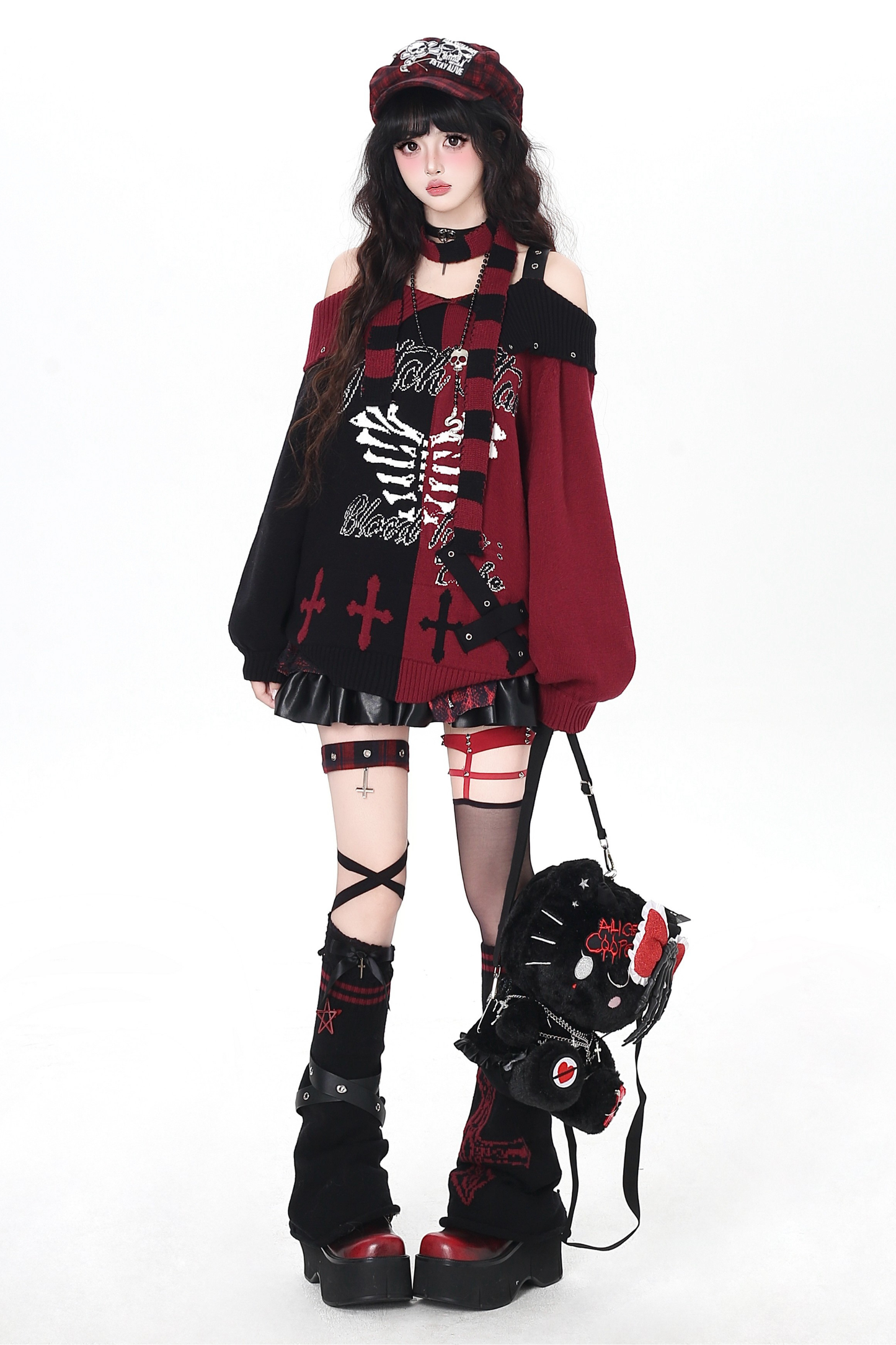 スカルボーンゴシックオフショルダートップス+スカーフ