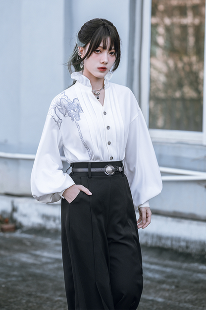 レーススタンドカラーホワイトシャツ