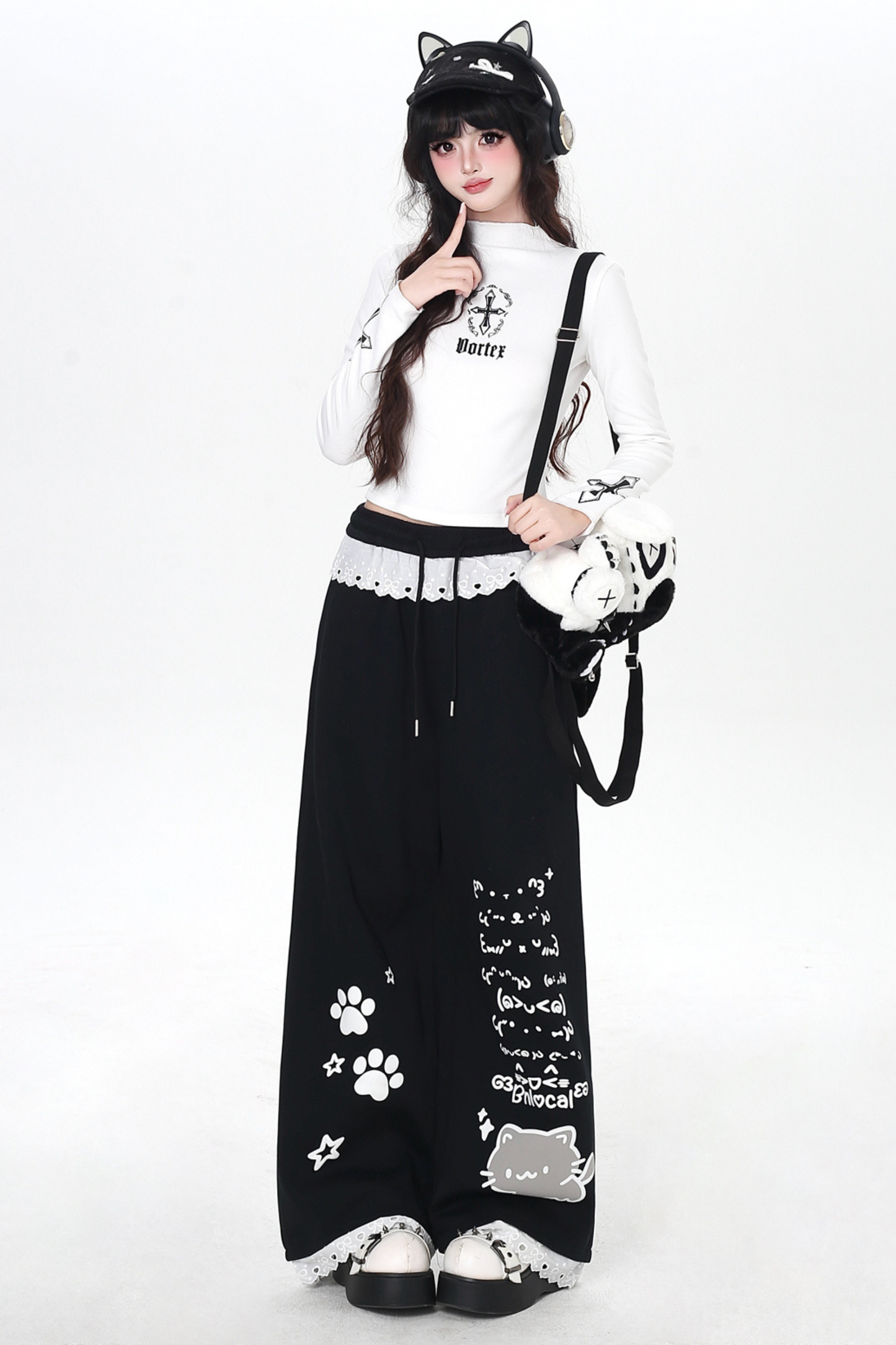 キャットデザインレースルーズパンツ