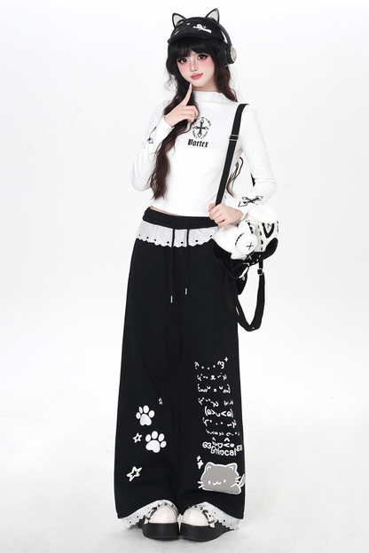 キャットデザインレースルーズパンツ