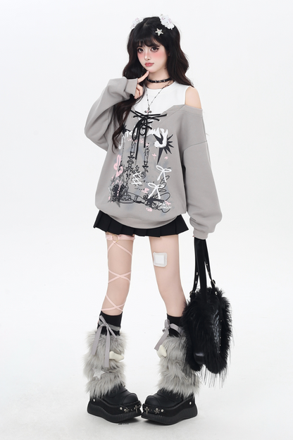 スイートストラップフェイクツーピースオフショルダーデザインガーリースウェット