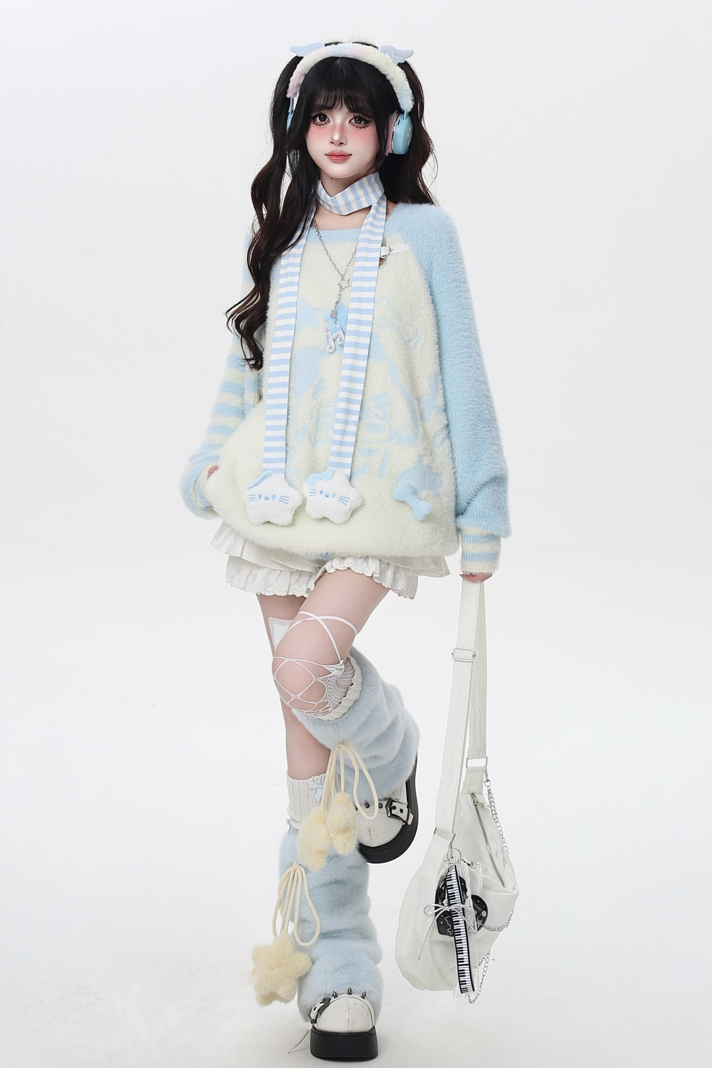 Hooded Loose Top with Striped Asymmetrical Ears