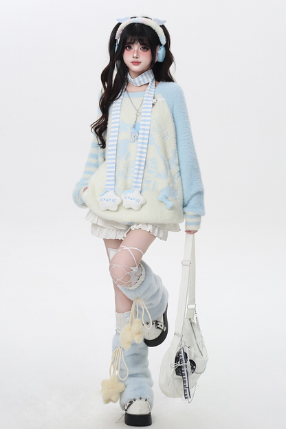 Hooded Loose Top with Striped Asymmetrical Ears