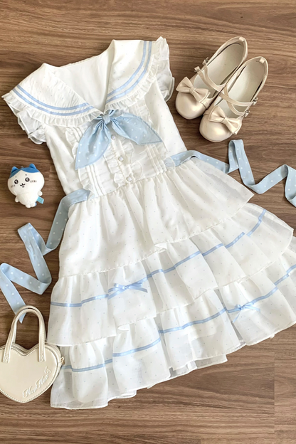 ドットノースリーブリボンセーラーワンピース