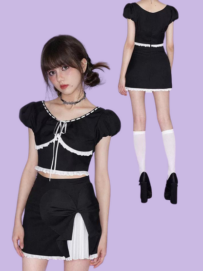 SagiDolls Girl's Fighting Spirit Black and White Lolita Design Sense Top Skirt Set Sweet and Cute Versatile Summer