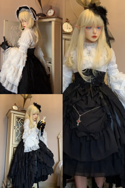 ゴシックスーパーゴージャスジスリーブロリータシャツ+フリルスカート+ハット