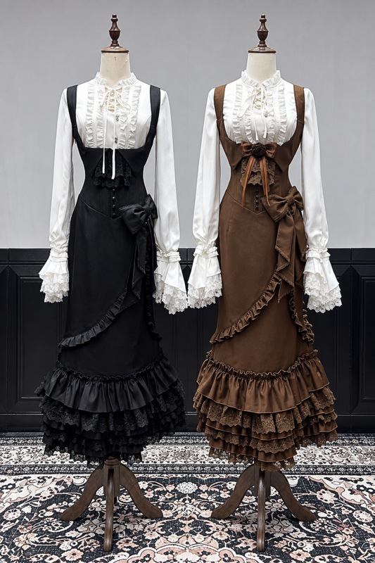 【11月6日予約締切】Gothic Lolita White Lace-Up Frill Shirt + Asymmetrical Frill Lace Bow Mermaid Skirt Set