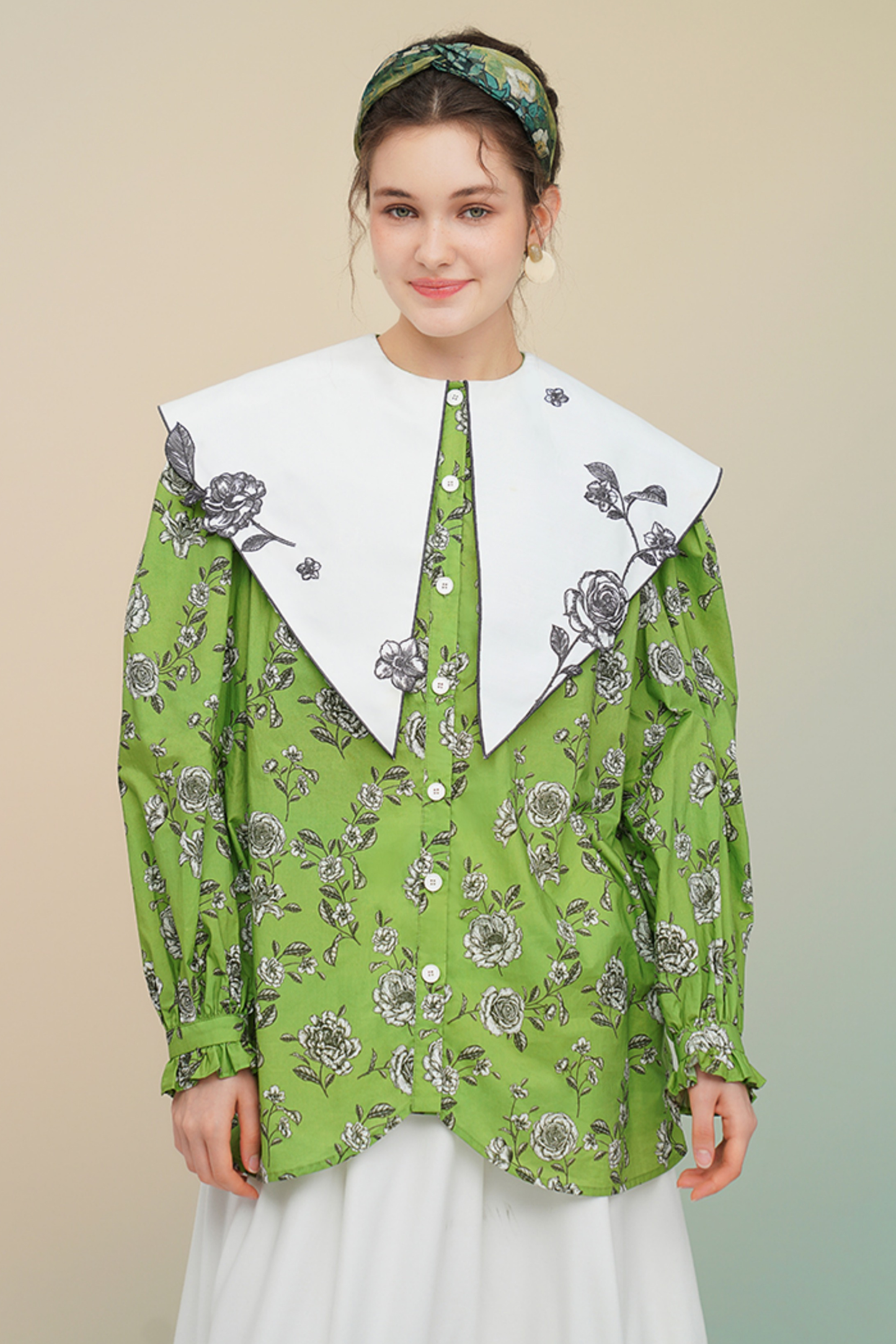 グリーンローズフレンチヴィンテージプリントシャツ