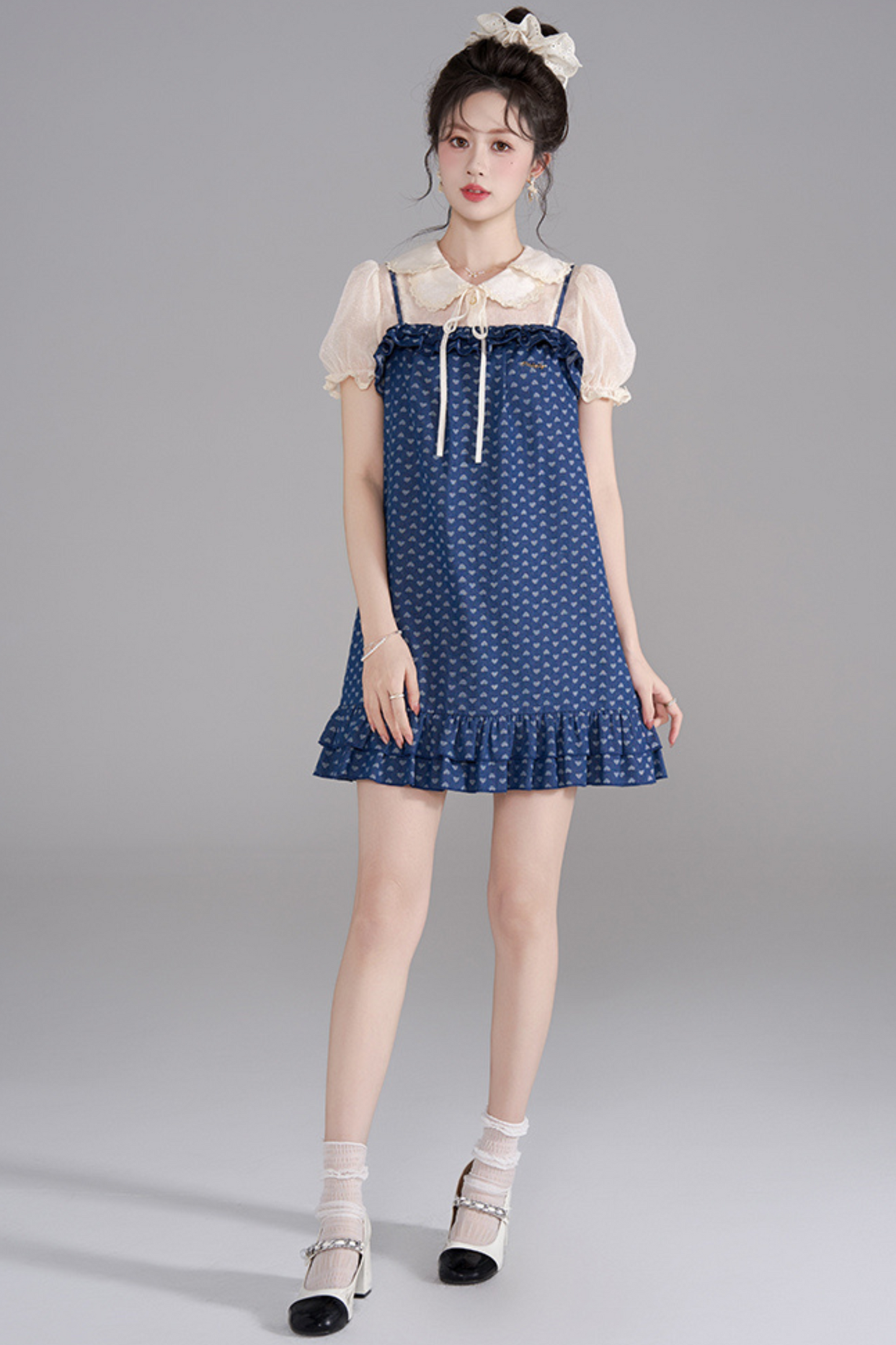 Polka Dot Ruffle Denim Dress + Shirt