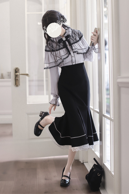 シフォンレースシャツ+フィッシュテールスカート+リボン