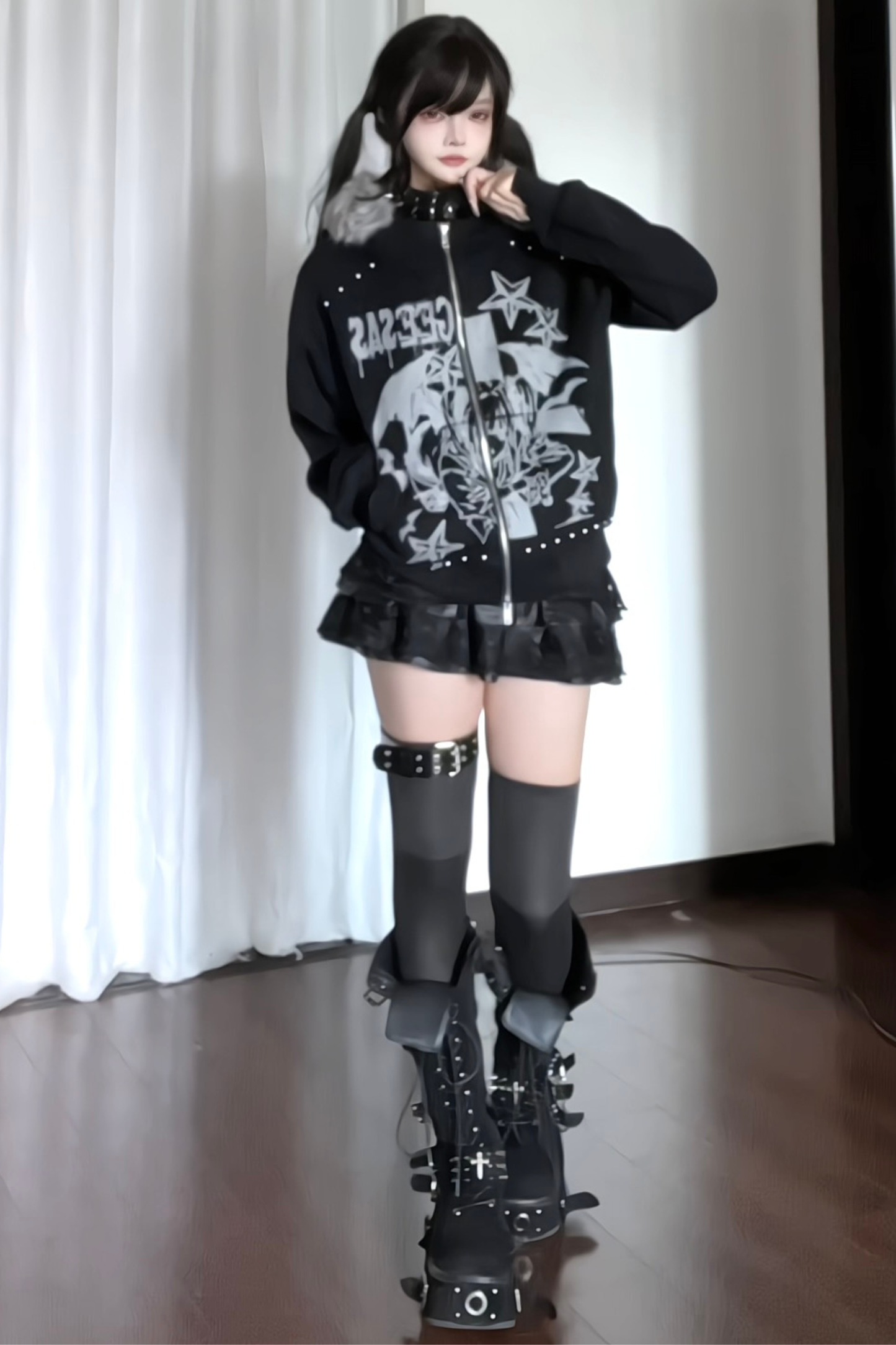 ファーカラーダークデザインフードパーカー