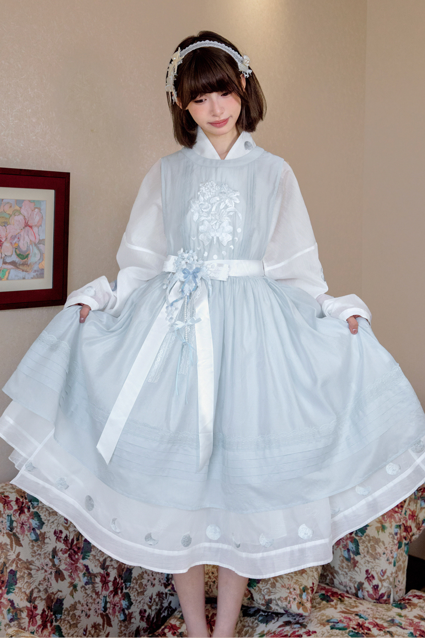 ピュアホワイトチャイナドレス+カバーエプロン+ベルト