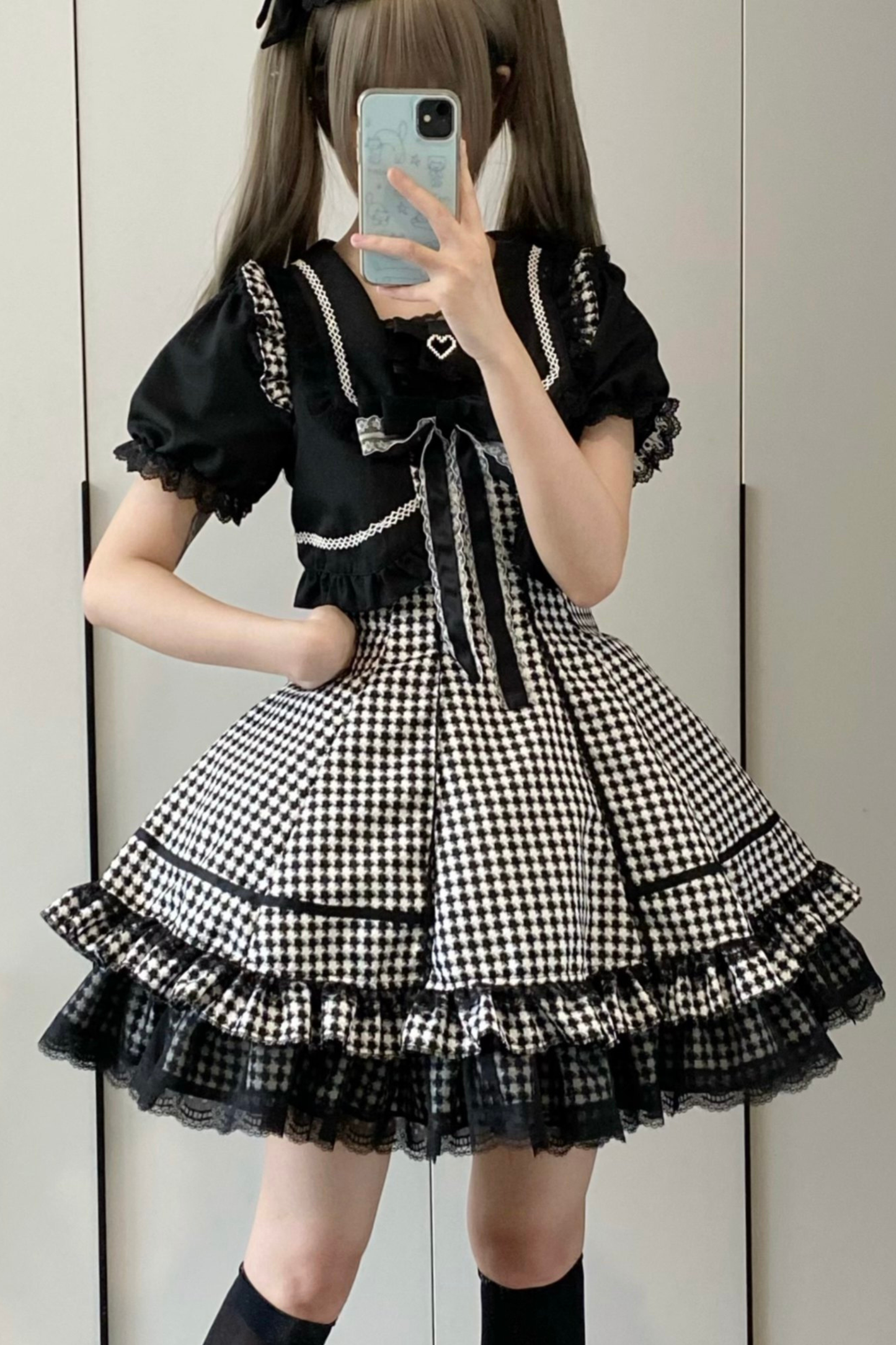 千鳥格子ダークスイートスリーブ付きロリータドレス