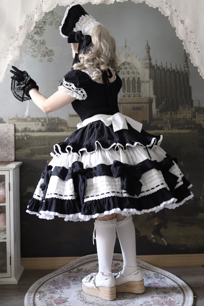 モノクロドールロリータドレス+カチューシャ+ボンネット+クリップ