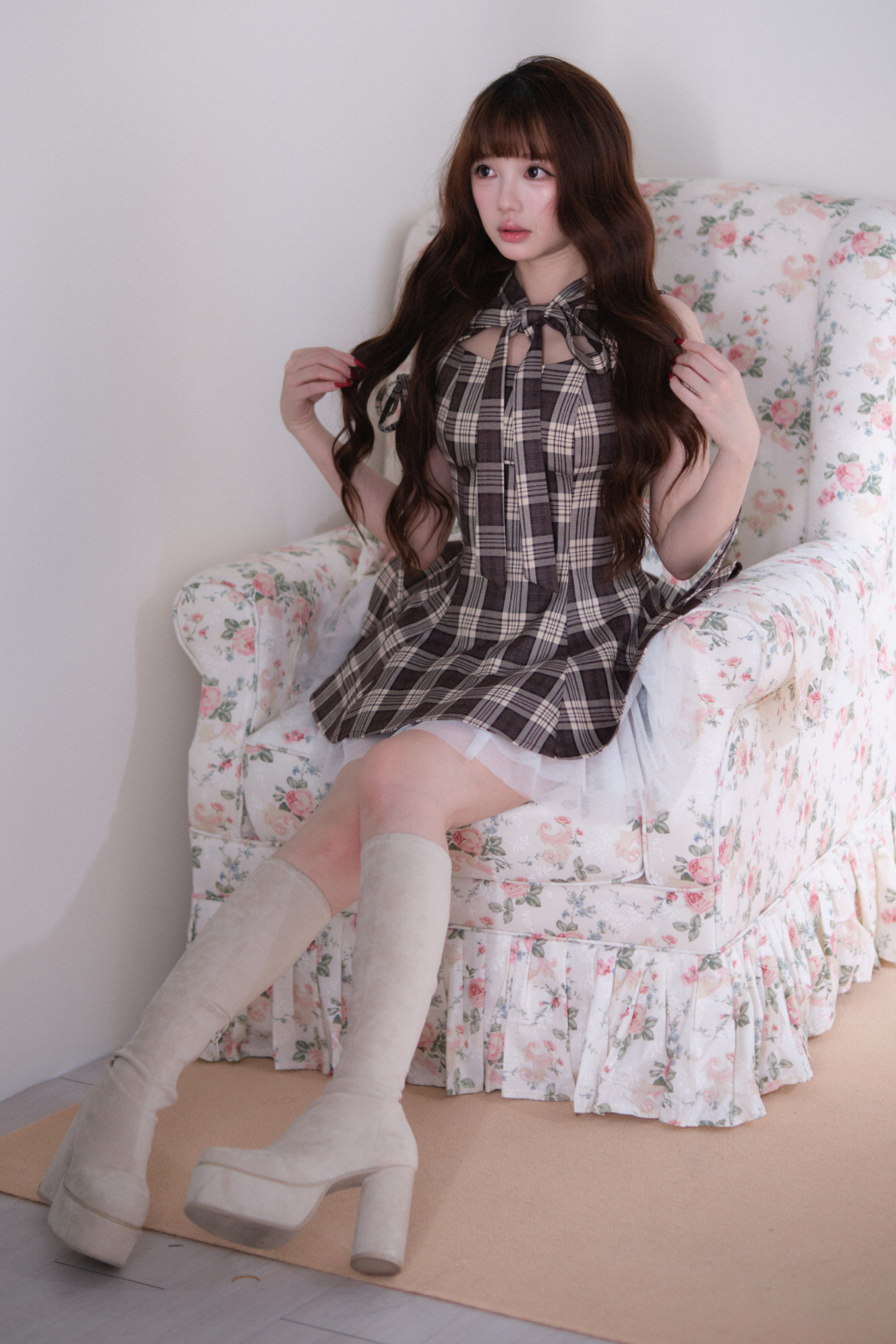 チェックレイヤーヘムノースリーブドレス