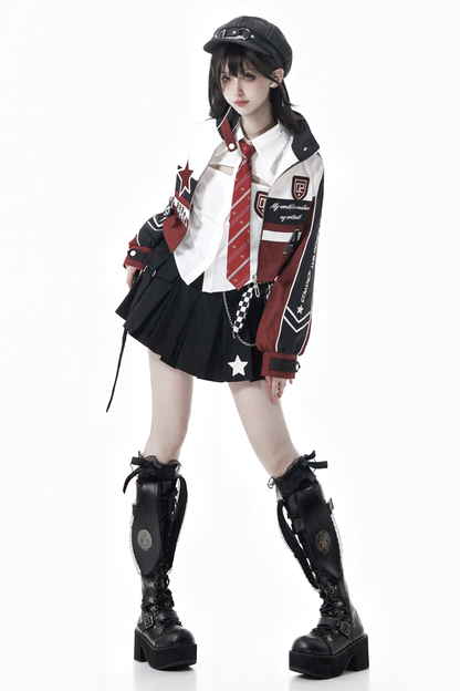 バイカージャケット+ネクタイ付きシャツ+スカート+ベルト