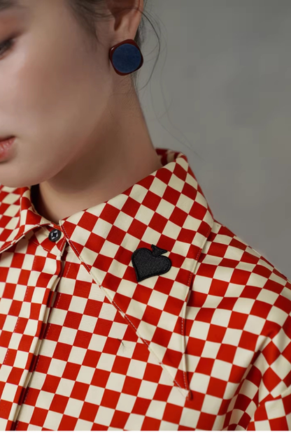レトロチェックトランプデザインブラウス