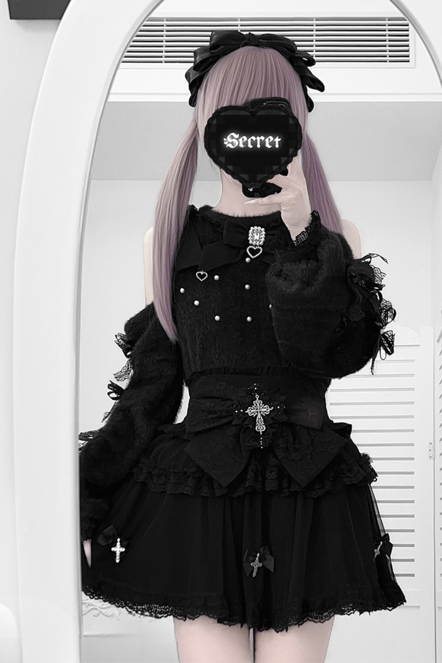 オフショルダーリボンニット+スカート