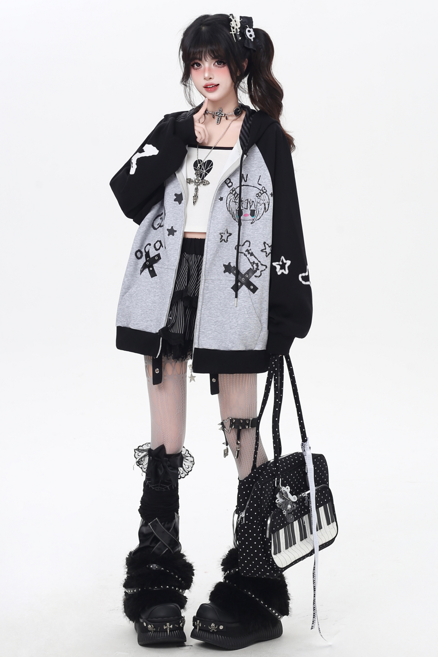 ガールイラストフードルーズパーカー