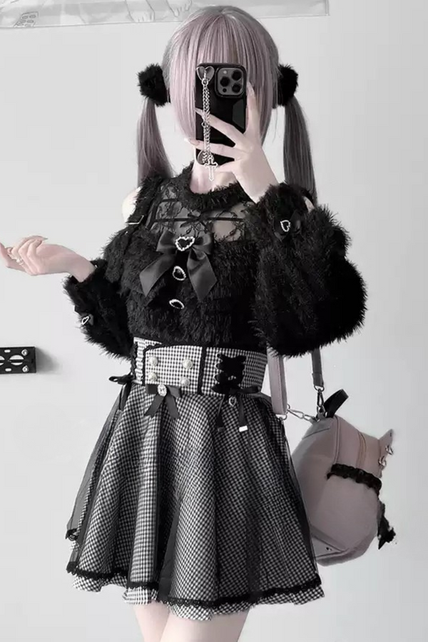 [Pre-Order] Jirai Lace Ribbon Long Black Sweater + Short Skirt
