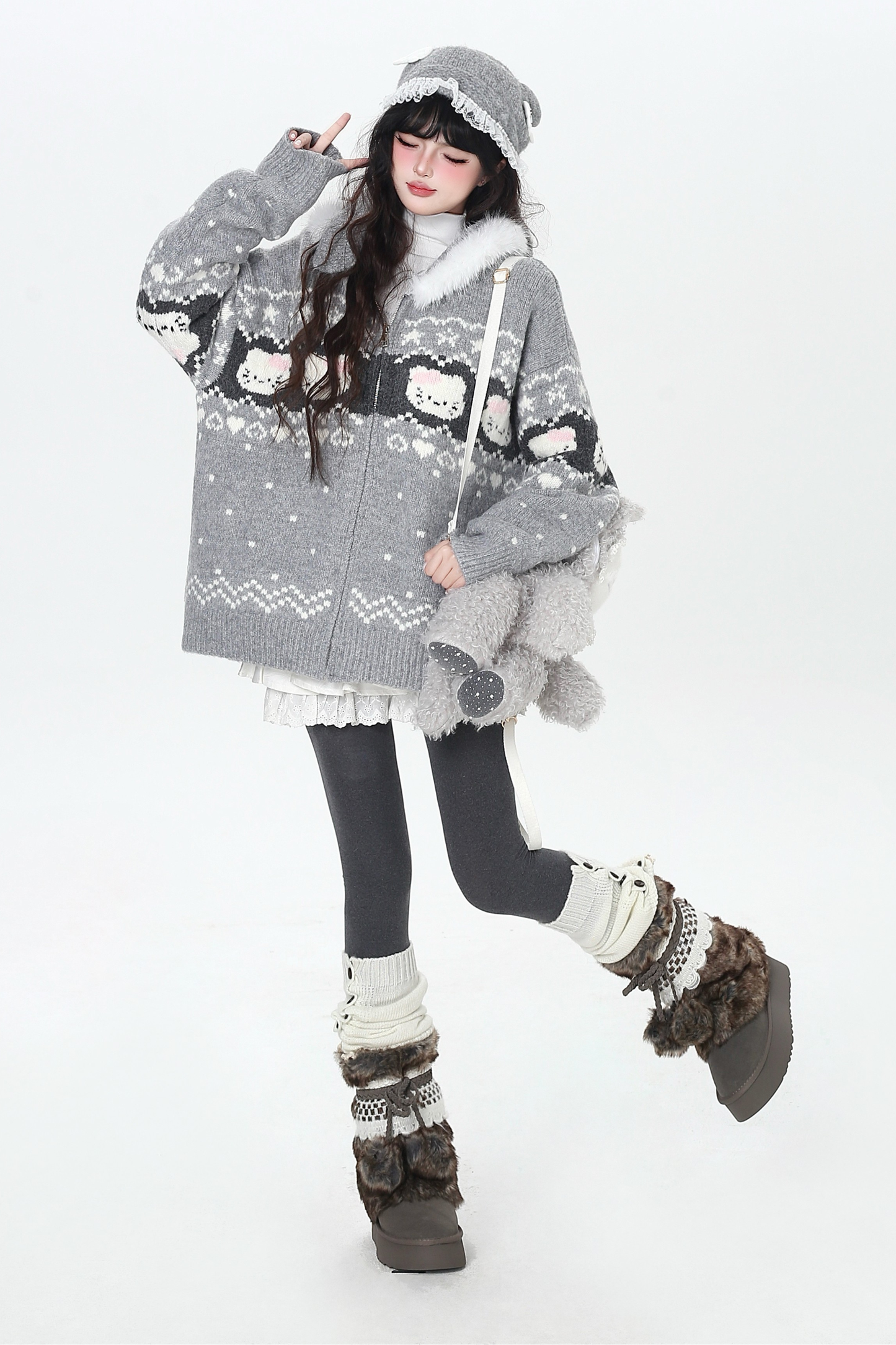 フェアアイルルーズフードニットカーディガン