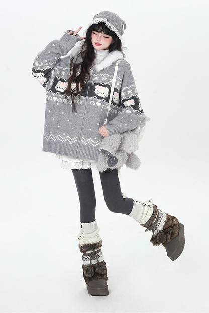 フェアアイルルーズフードニットカーディガン