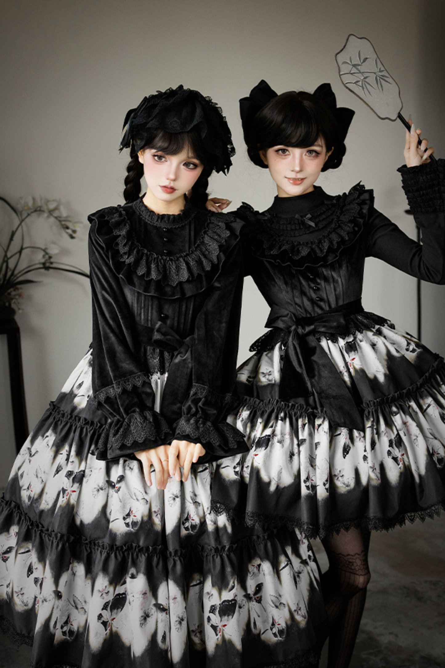 シックバタフライプリントスイングロリータドレス+ジャンパースカート+ヘアバンド+インナー+リボン