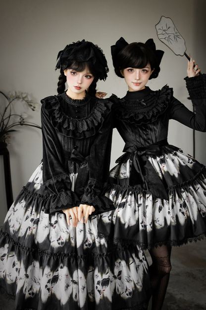 シックバタフライプリントスイングロリータドレス+ジャンパースカート+ヘアバンド+インナー+リボン