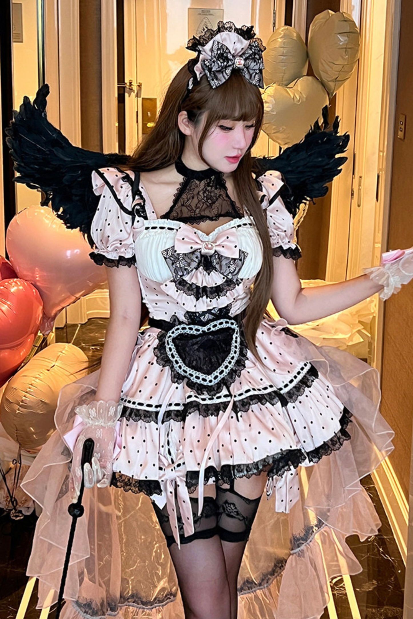 スイートリトルドットメイドロリータドレス+エプロン+ヘッドアクセサリー+ベール