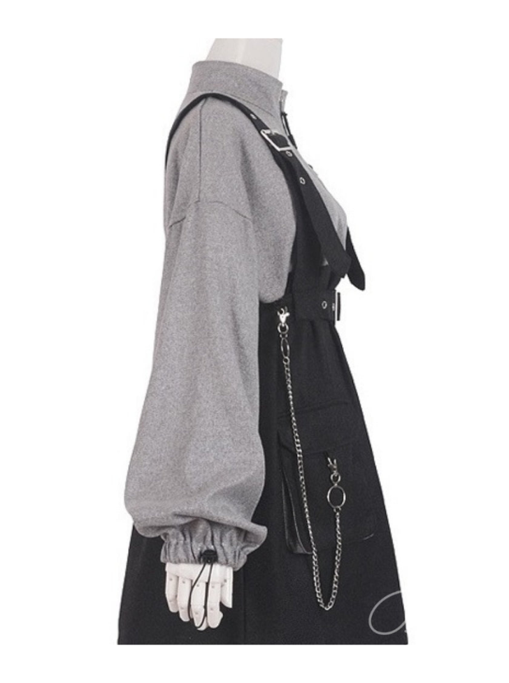 Punk zipper chain pocket sweatshirt dress discount with chest waist strap adjustable buckle bel