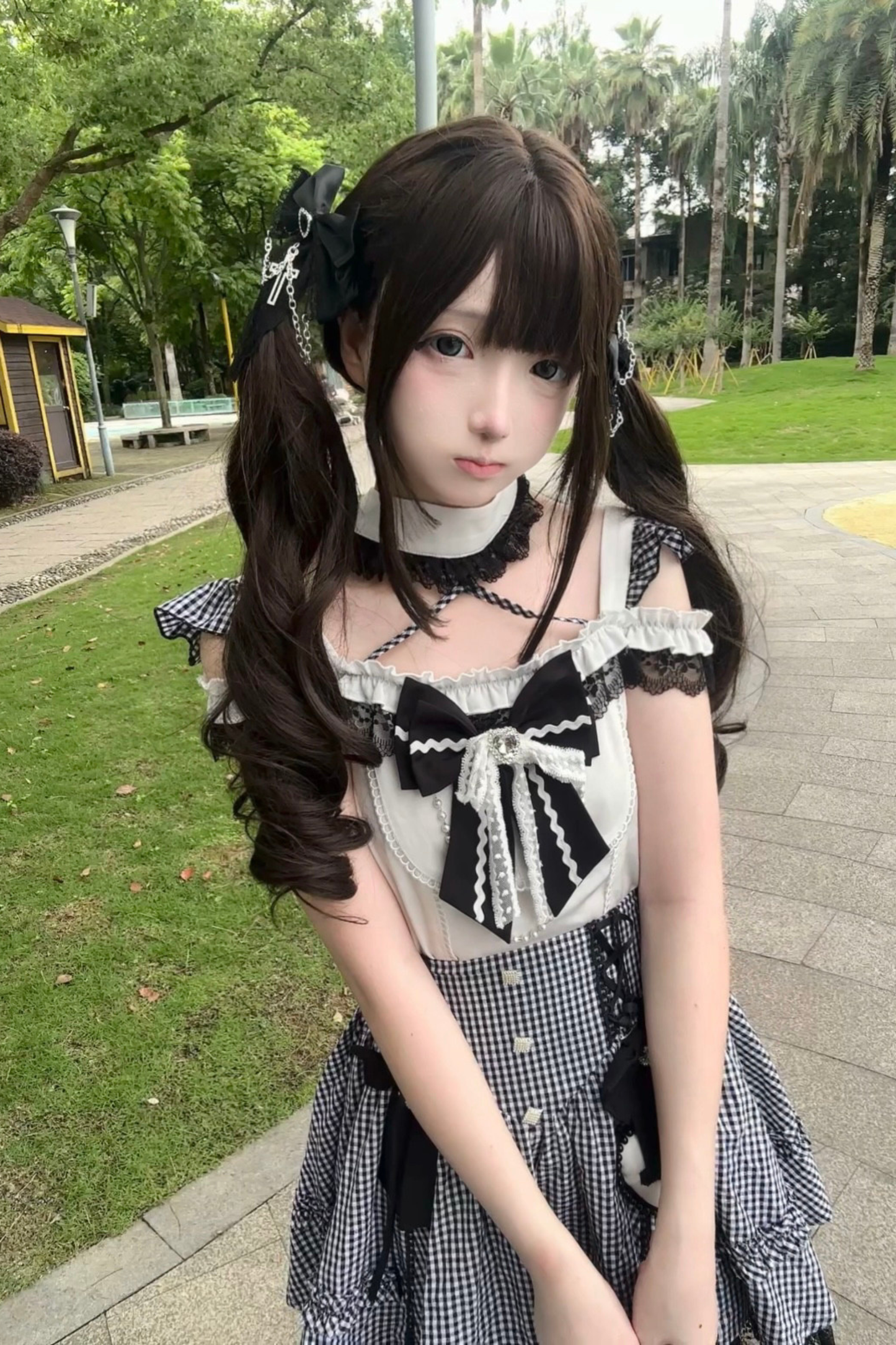 チェックオフショルダートップス+スカート