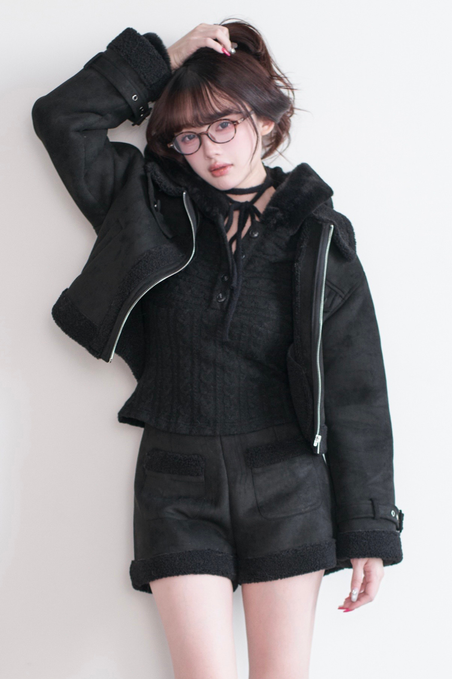 ファーショートコート+ショートパンツ