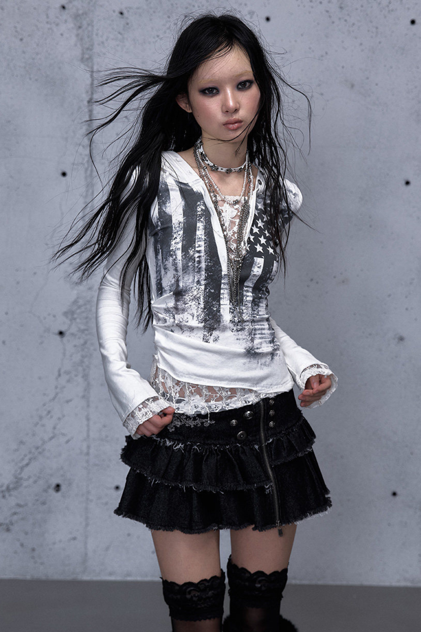 레이스 패치워크 타이트 후드 파커