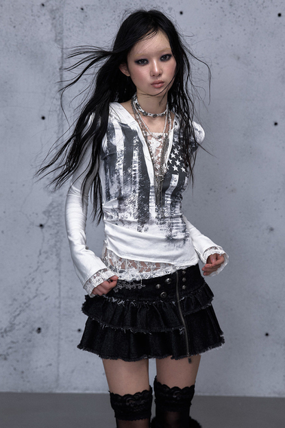 레이스 패치워크 타이트 후드 파커