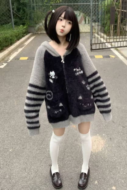 キャットルーズフードジッパーカーディガン