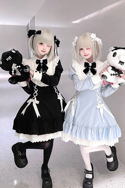 Lace-up ribbon Lolita dress + brooch + hair clip