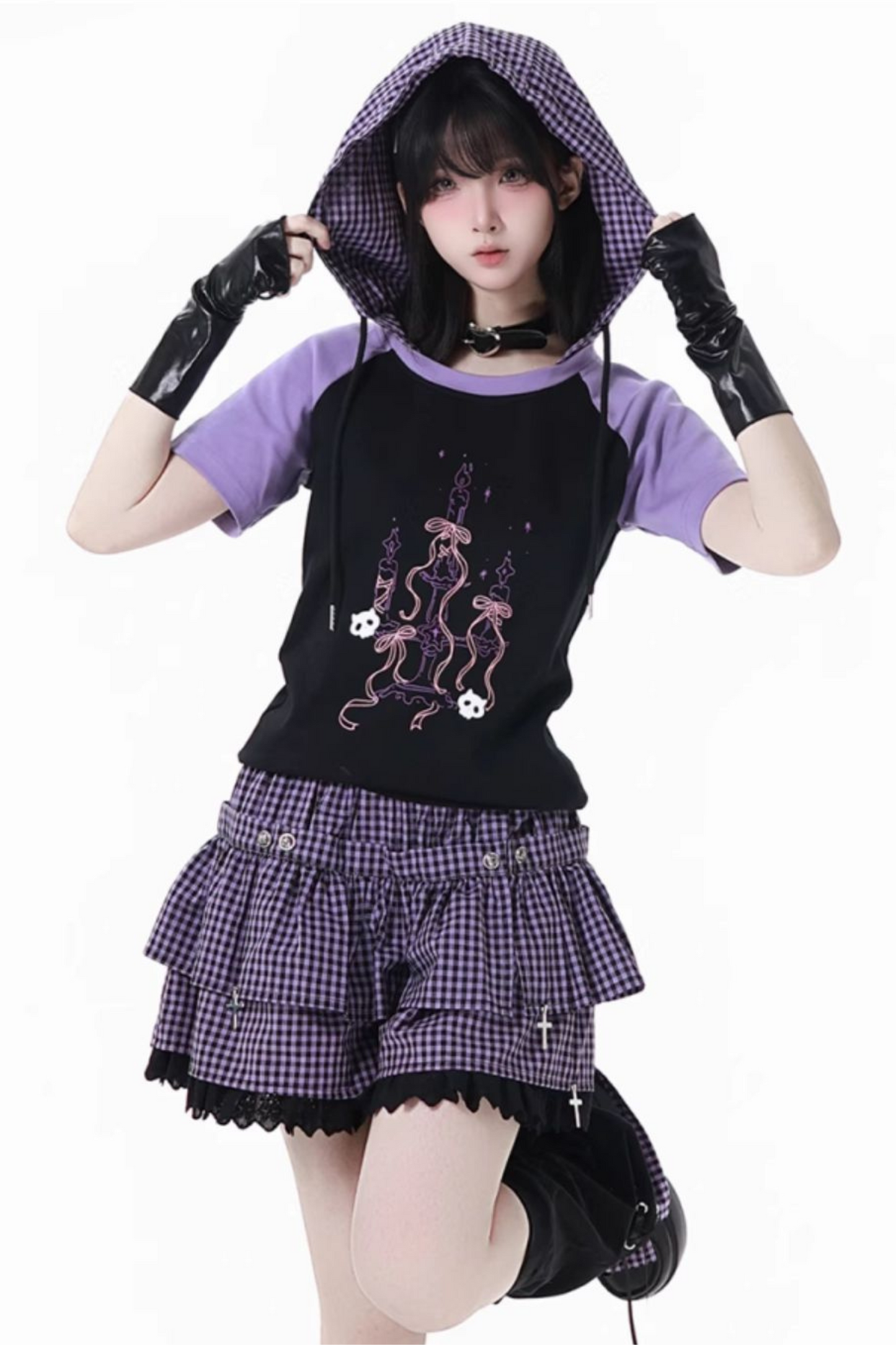 パープルグリッドカラーブロックトップス+フードトップス+パンツ+レッグウォーマー