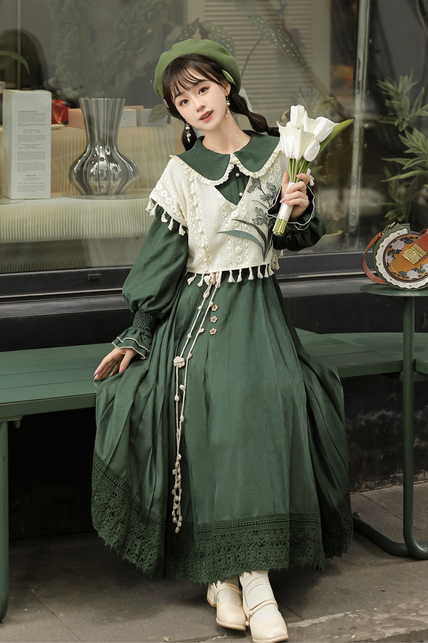 Dark green retro dress + vest