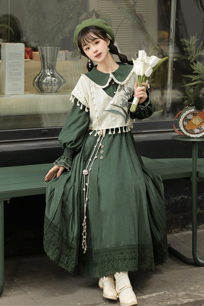 Dark green retro dress + vest